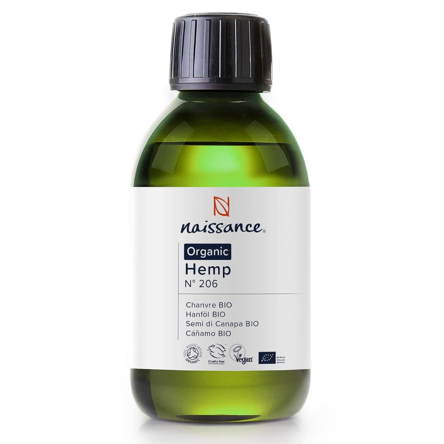 Groene glazen fles met zwarte dop. Etiket met tekst: Organic Hemp, Hanföl BIO, Vegan-keurmerk.