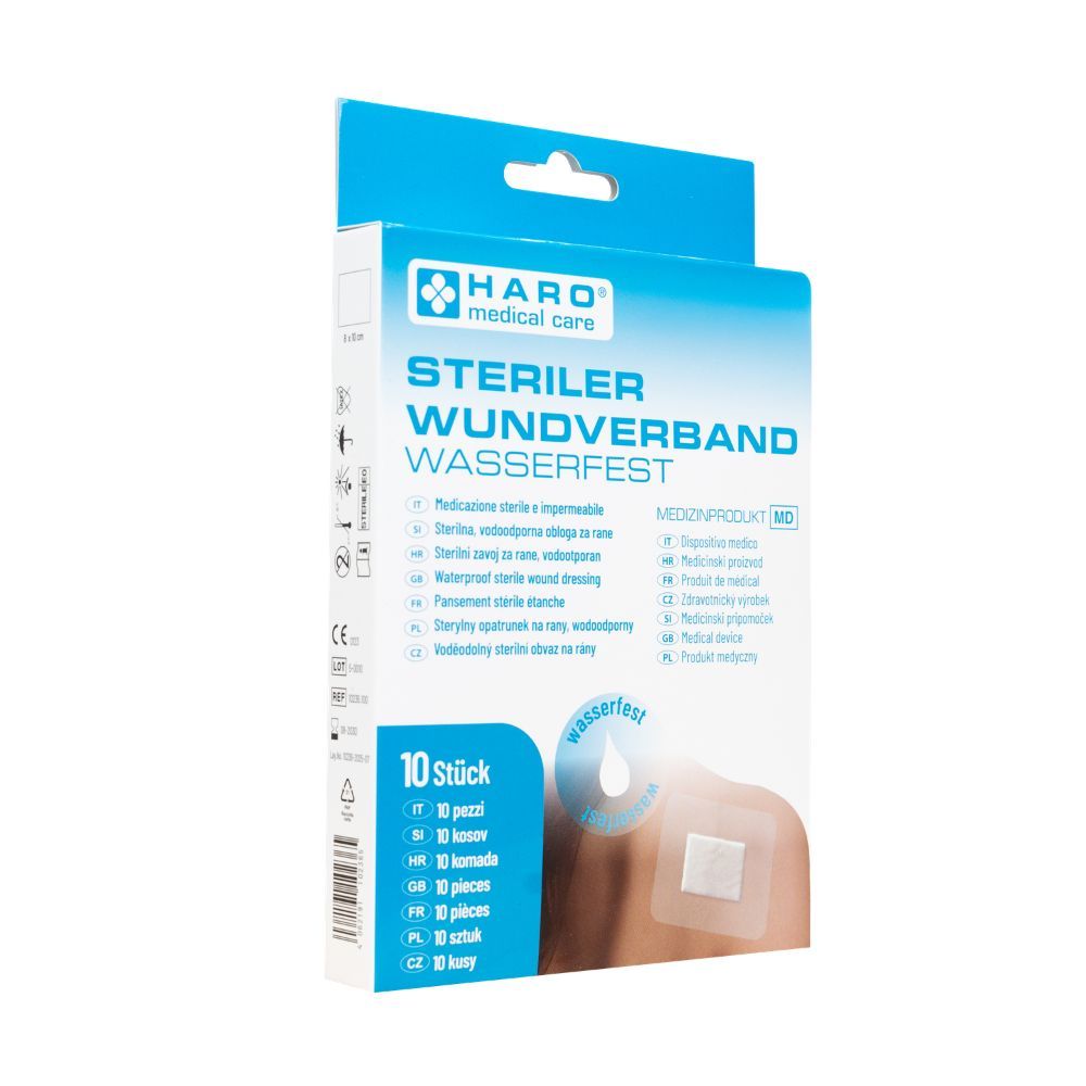 Verpakking met steriele, waterdichte wondverband. Bevat 10 stuks. Merk: HARO medical care. Opschrift: Steriler Wundverband wasserfest.