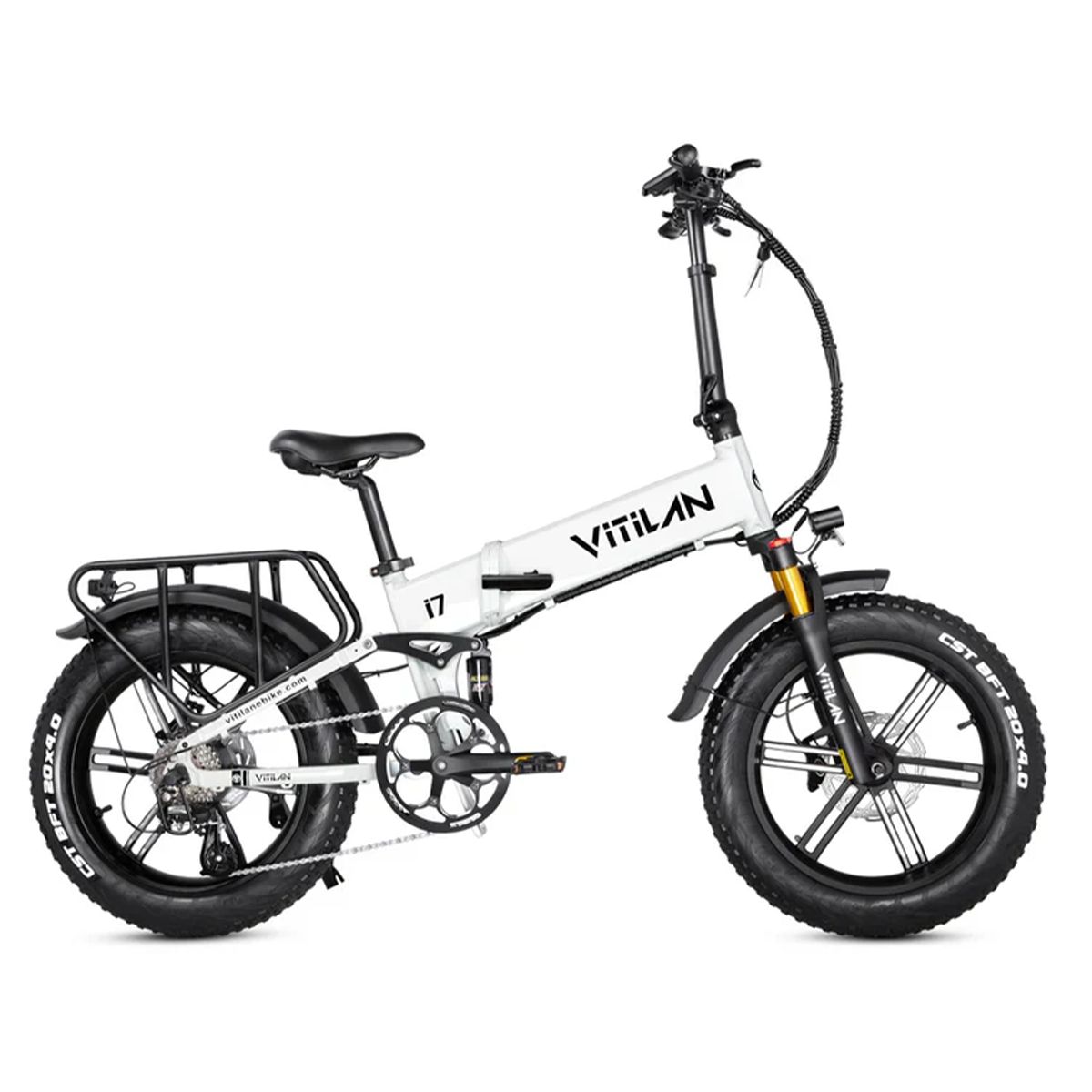 Vélo électrique pliable VITILAN i7 Pro 3.0 blanc. Pneus noirs, porte-bagages. Logo VITILAN. Dérailleur Shimano 8 vitesses.