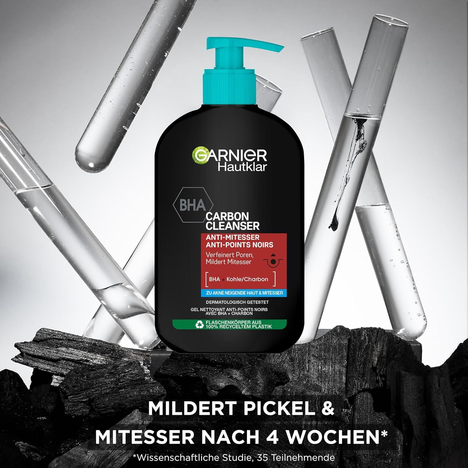 Flacon noir Garnier Hautklar Waschgel. BHA Carbon Cleanser. Avec charbon. Pompe turquoise. Texte en allemand.