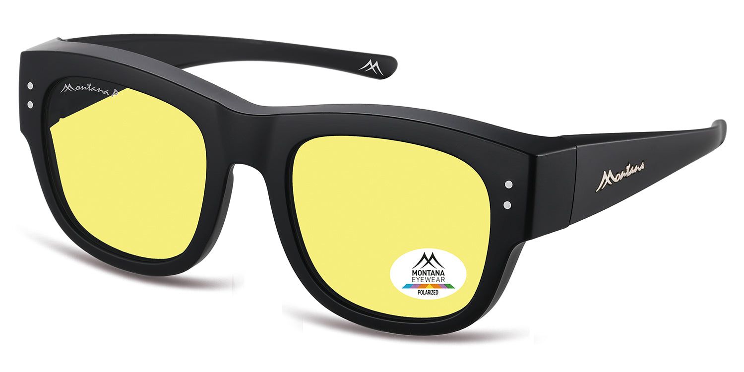 Zwarte Montana Eyewear Zaria zonnebril met gele glazen. Logo en polarisatie sticker. Zijaanzicht.