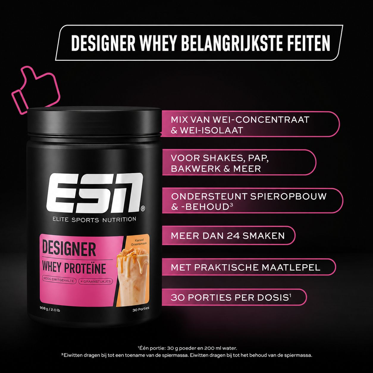 Zwarte container met 'Designer Whey Proteine' opschrift, bevat wei-eiwitpoeder.