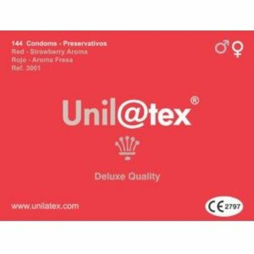 Boîte rouge Unil@tex, 144 préservatifs, arôme fraise. Marquage CE.